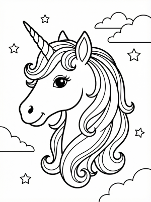 Free printable coloring page showing a unicorn head and flowing mane, perfect for kids to practice coloring and imagination