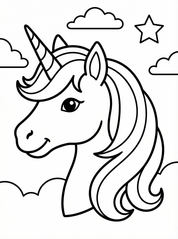 Free printable coloring page showing a unicorn head side view, perfect for kids to practice coloring and spark imaginative play