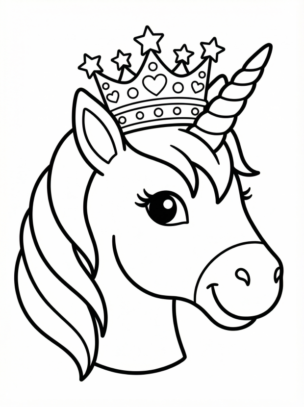 Free printable coloring page showing a unicorn head with a crown, perfect for kids to practice fine motor skills and color recognition