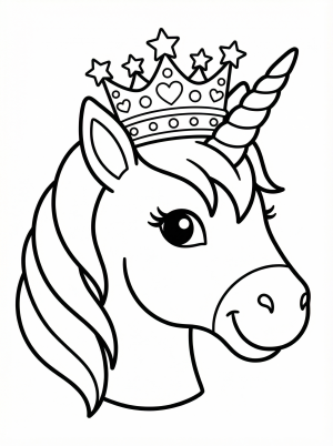 Free printable coloring page showing a unicorn head with a crown, perfect for kids to practice fine motor skills and color recognition