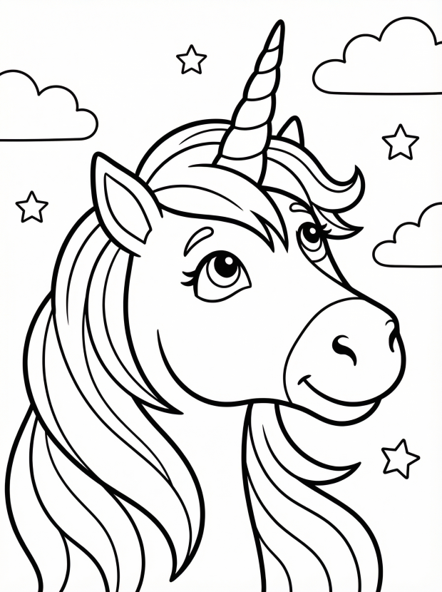 Free printable coloring page showing a unicorn head looking up, perfect for kids to practice coloring and spark imagination