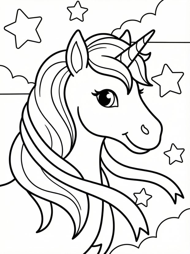 Free printable coloring page showing a unicorn head with flowing ribbons, perfect for kids to practice coloring and creativity