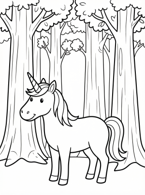 Free printable coloring page showing a unicorn standing among forest trees, perfect for kids to practice coloring and creativity