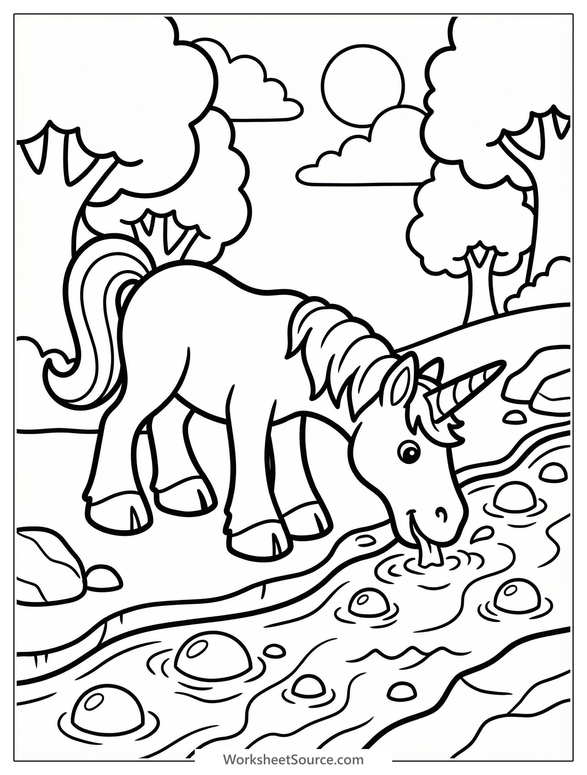 Unicorn by Forest Stream — Mewarnai