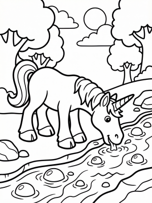 Free printable coloring page showing a unicorn drinking at a forest stream, perfect for kids to practice coloring and storytelling