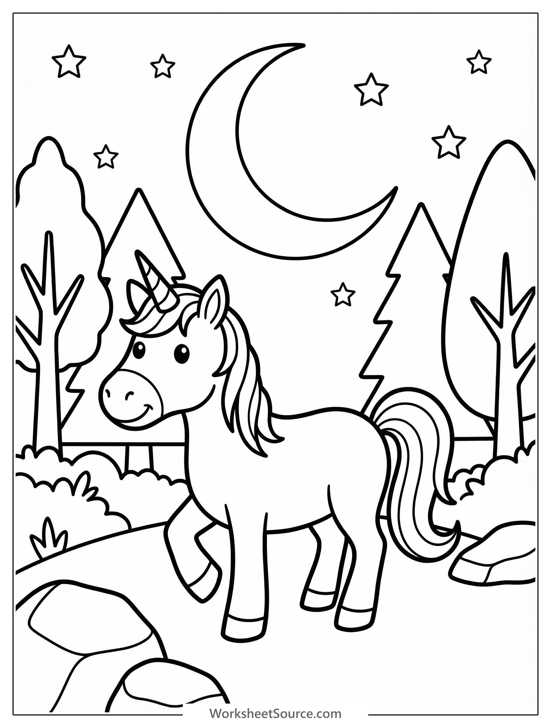 A beautiful unicorn stands gracefully in a peaceful forest clearing at night, illuminated by a full moon and twinkling stars, ready for coloring.