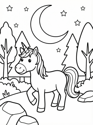 Free printable coloring page showing a unicorn in a moonlit forest, perfect for kids to practice fine motor skills and spark imagination
