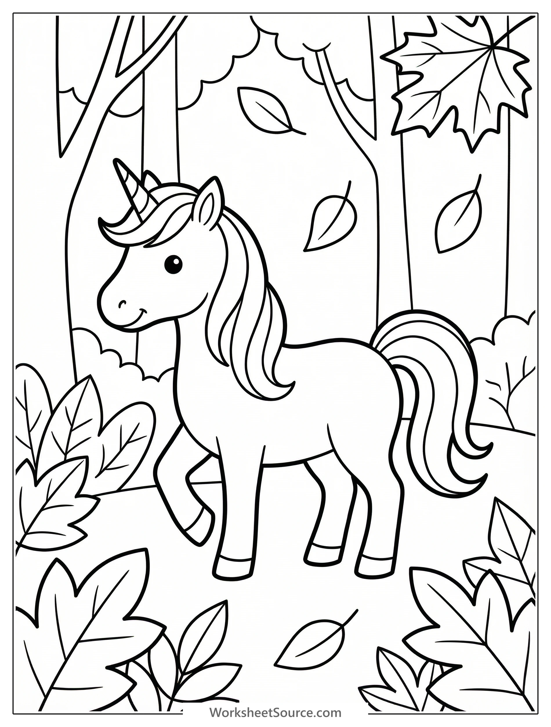 Line art of a majestic unicorn standing gracefully in an autumn forest, surrounded by falling leaves and whimsical trees ready for coloring.