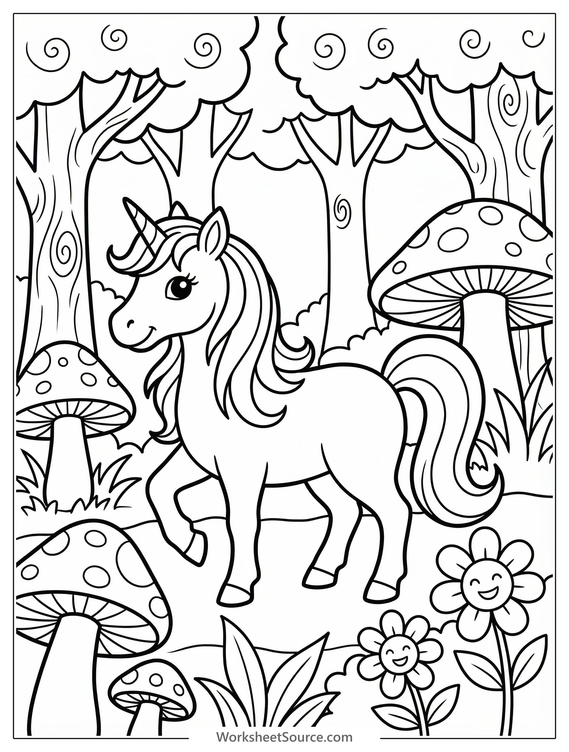 Unicorn in Enchanted Forest — Mewarnai