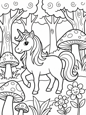 Unicorn in Enchanted Forest coloring page