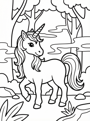 Free printable coloring page showing a unicorn in a misty forest, perfect for kids to practice coloring and spark imagination