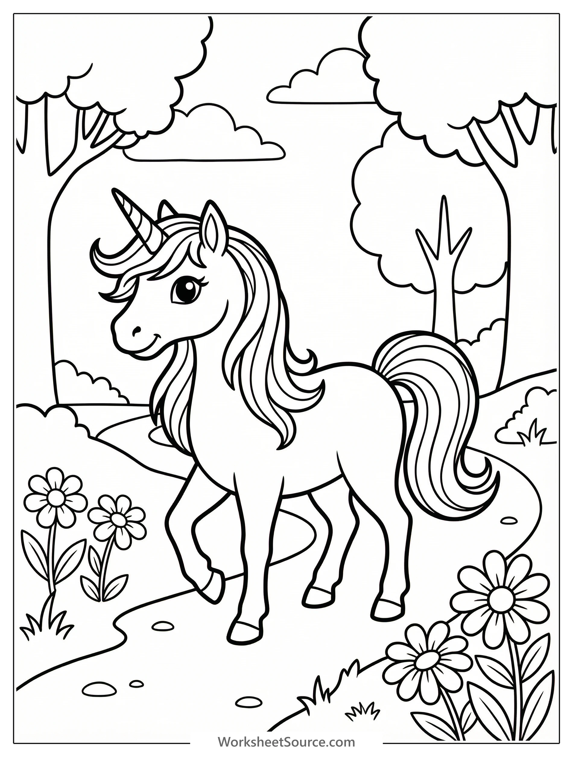 Unicorn on Forest Path — Mewarnai