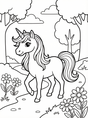 Free printable coloring page showing a unicorn on a forest path, perfect for kids to practice creativity and fine motor skills.