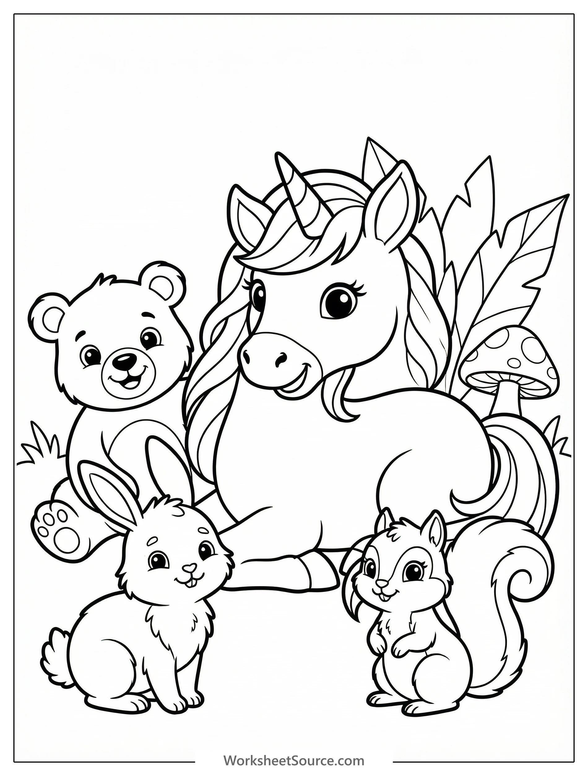 Unicorn With Forest Animals — Mewarnai