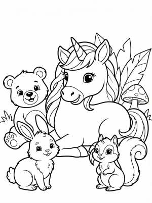 Free printable coloring page showing a unicorn with forest animals, perfect for kids to practice fine motor skills and creativity