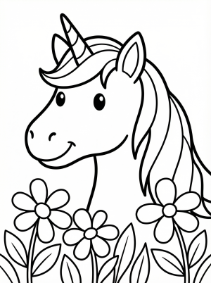 Free printable coloring page showing a unicorn in a meadow portrait, perfect for kids to practice coloring and spark imagination