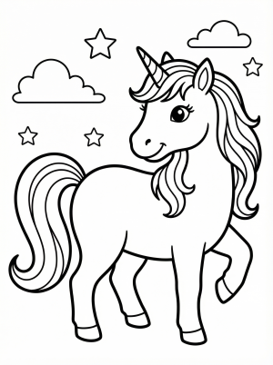 Free printable coloring page showing a unicorn looking back over its shoulder, perfect for kids to practice creativity and fine motor skills