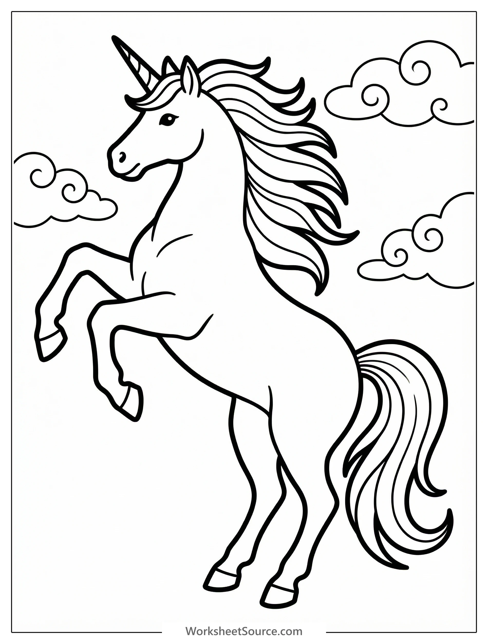 A majestic unicorn rears gracefully on its hind legs in a detailed portrait orientation coloring page, showcasing its flowing mane and tail.