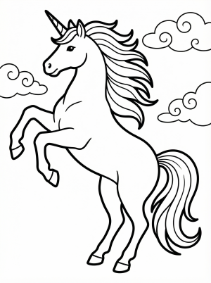 Free printable coloring page showing a rearing unicorn portrait with flowing mane and clouds, perfect for kids to practice creativity and fine motor skills