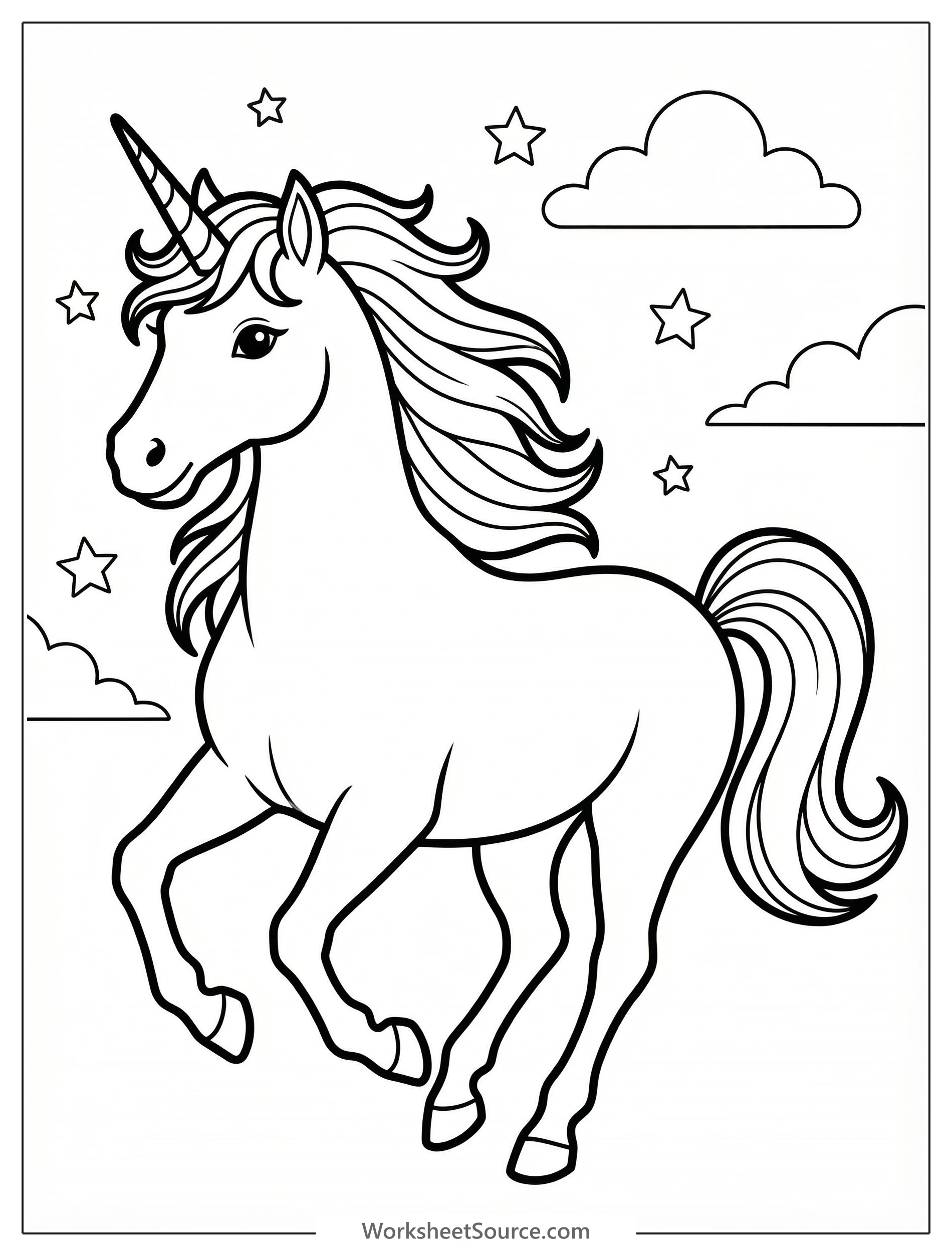 A majestic white unicorn, captured mid gallop, is illustrated in a portrait orientation, ready for coloring. Its mane and tail flow dynamically.