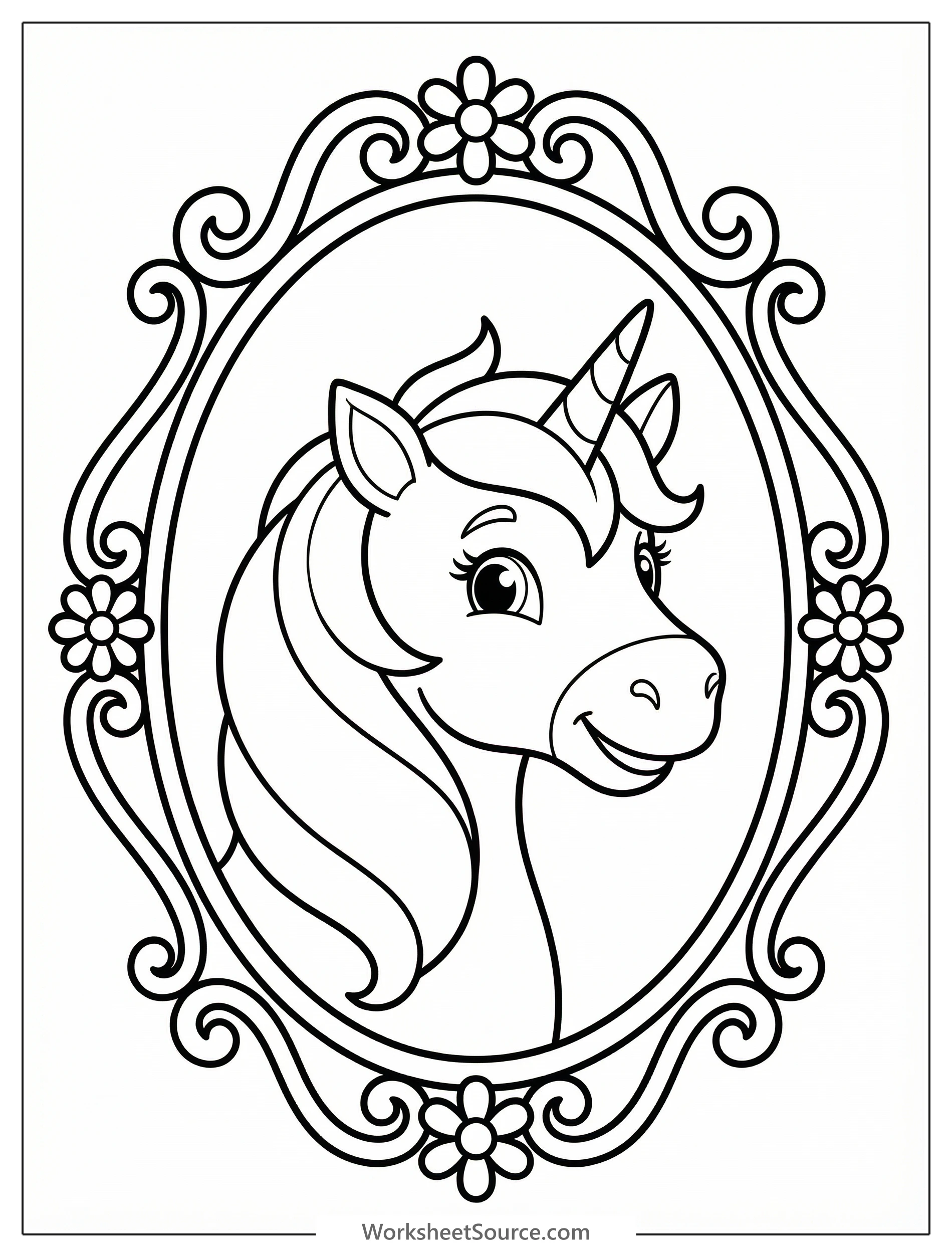 A majestic unicorn portrait centered within an elaborately decorated oval frame. The unicorn features a flowing mane and horn, ready for coloring.