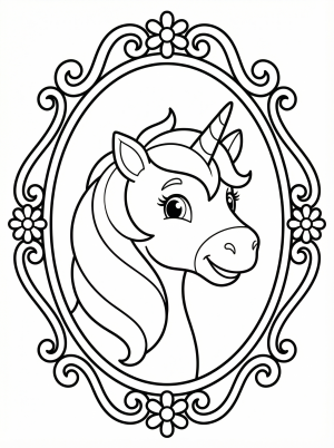Free printable coloring page showing a smiling unicorn in an ornate oval frame, perfect for kids to practice coloring and creativity