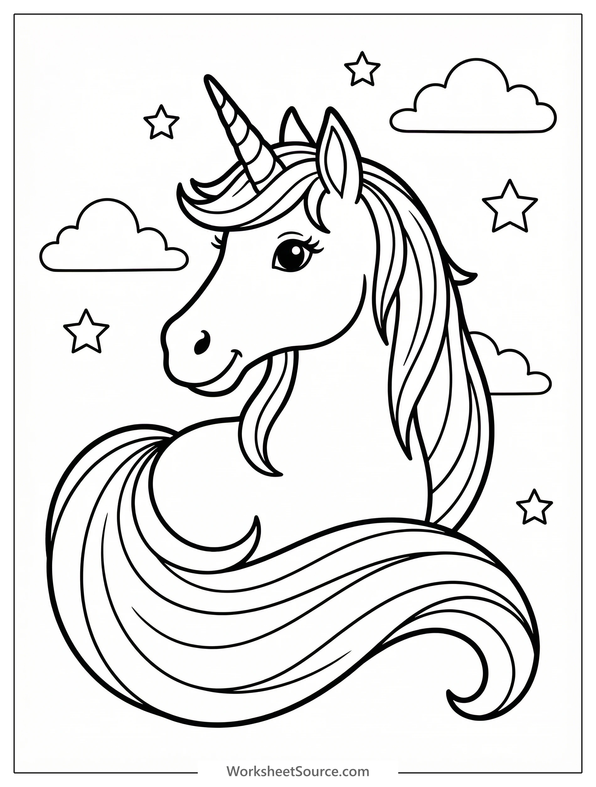 Line art illustration of a majestic unicorn portrait, facing right, with a long, gracefully flowing tail and mane. Ready for coloring.
