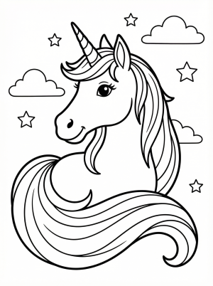 Free printable coloring page showing a unicorn with flowing tail, perfect for kids to practice coloring and creative expression