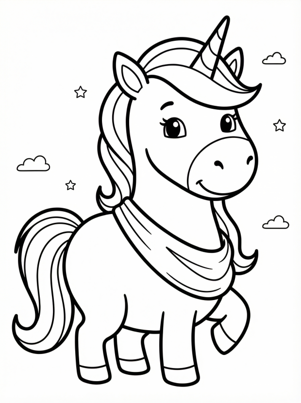 Free printable coloring page showing a princess unicorn with a sash and stars, perfect for kids to practice coloring and creativity