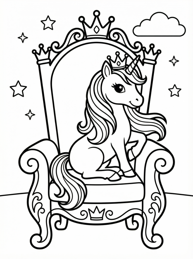 Free printable coloring page showing a royal unicorn sitting on a throne, perfect for kids to practice creativity and fine motor skills