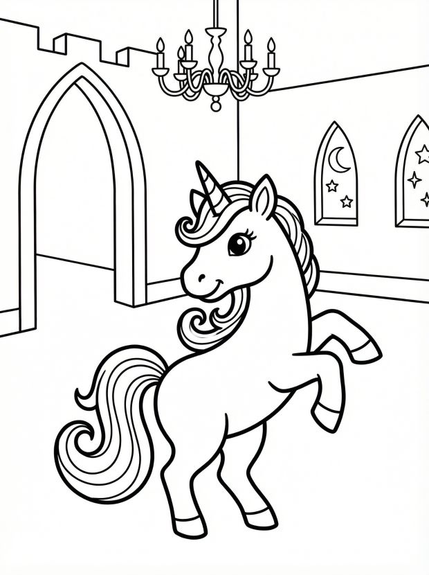 Free printable coloring page showing a unicorn dancing in a castle, perfect for kids to practice creativity and fine motor skills