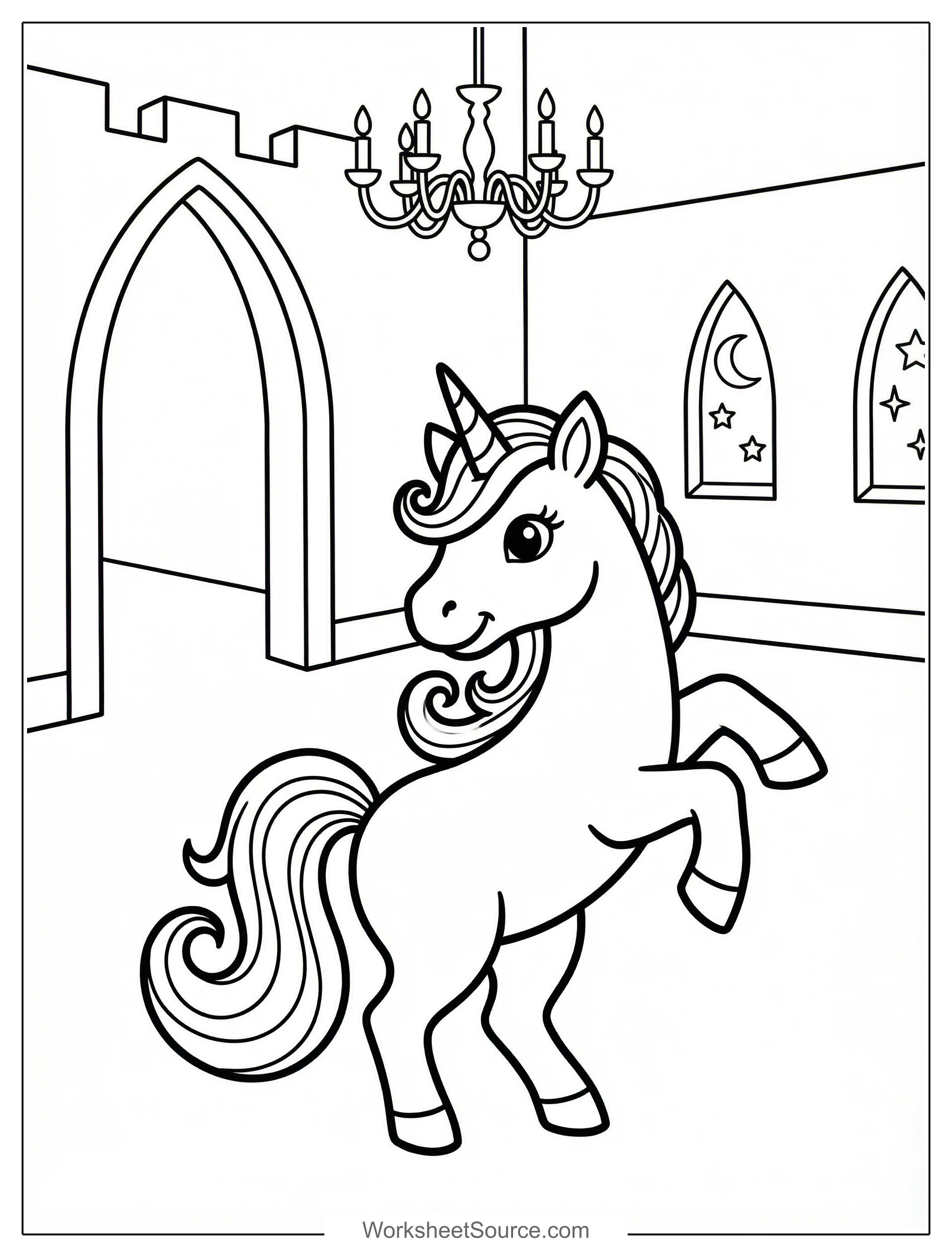 Free printable coloring page showing a unicorn dancing in a castle, perfect for kids to practice creativity and fine motor skills