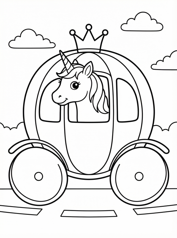 Free printable coloring page showing a unicorn in a royal carriage, perfect for kids to practice coloring and imagination