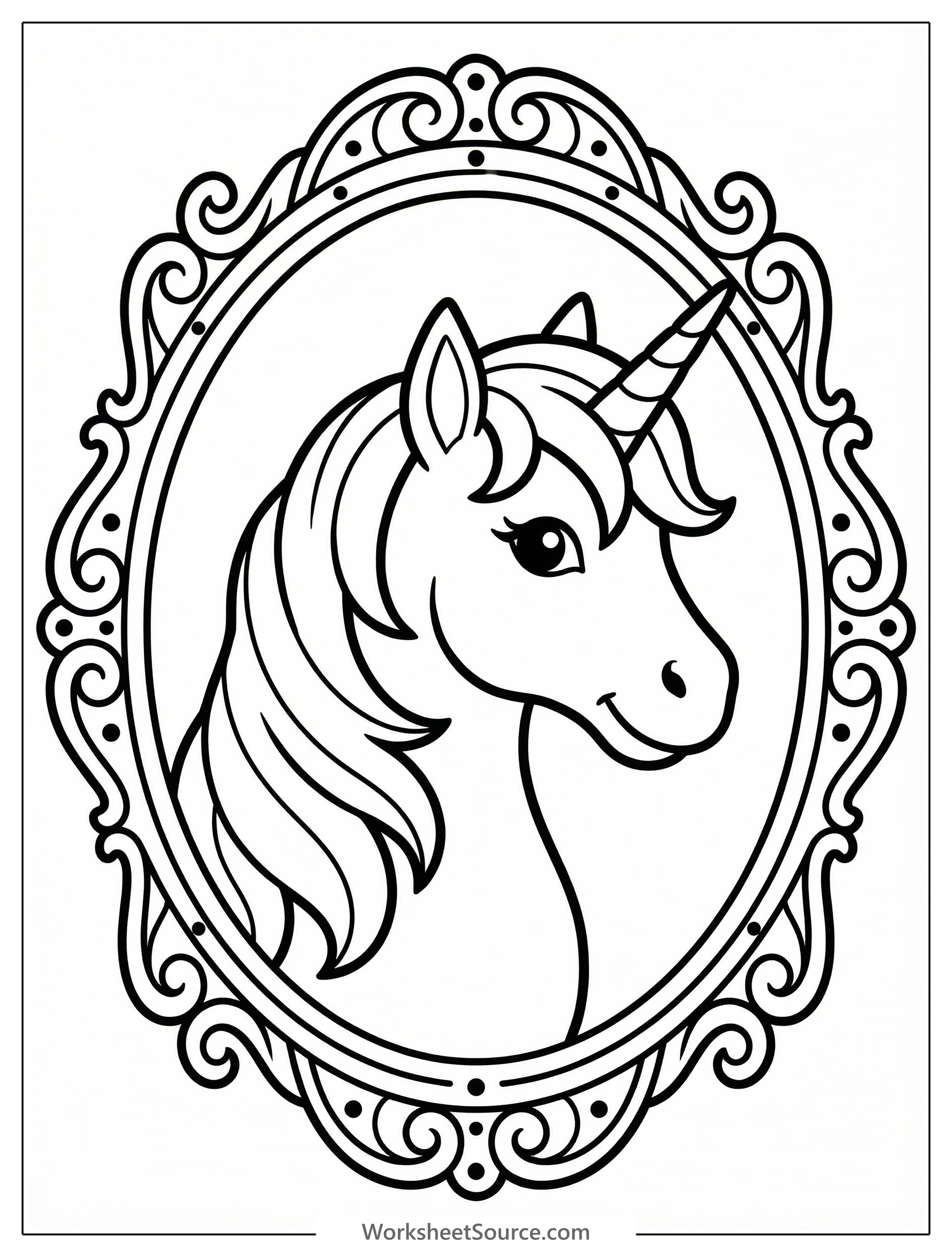 Ein majestätisches Einhorn-Porträt mit Horn, eingefasst in einen kunstvoll verzierten Rahmen, als Ausmalbild für Kinder.