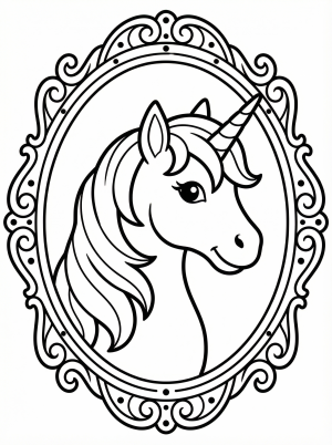 Free printable coloring page showing a unicorn portrait inside a decorative frame, perfect for kids to practice color choice and fine motor control