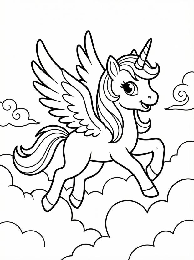 Free printable coloring page showing an alicorn racing through clouds, perfect for kids to practice creativity and fine motor skills