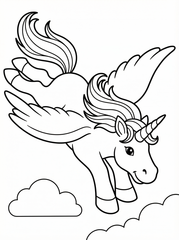 Free printable coloring page showing a winged unicorn diving through clouds, perfect for kids to practice creativity and fine motor skills