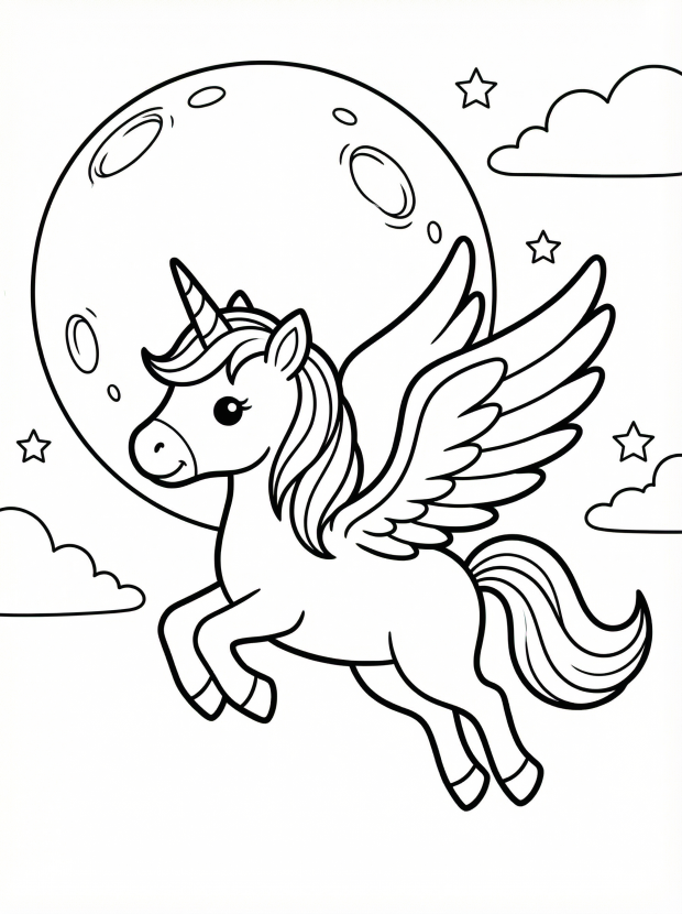 Free printable coloring page showing a winged unicorn flying in front of a large moon, perfect for kids to practice creativity and fine motor skills