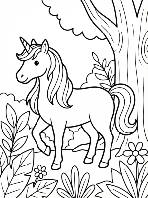 Free printable coloring page showing a wild realistic unicorn in a forest, perfect for kids to practice creativity and fine motor skills