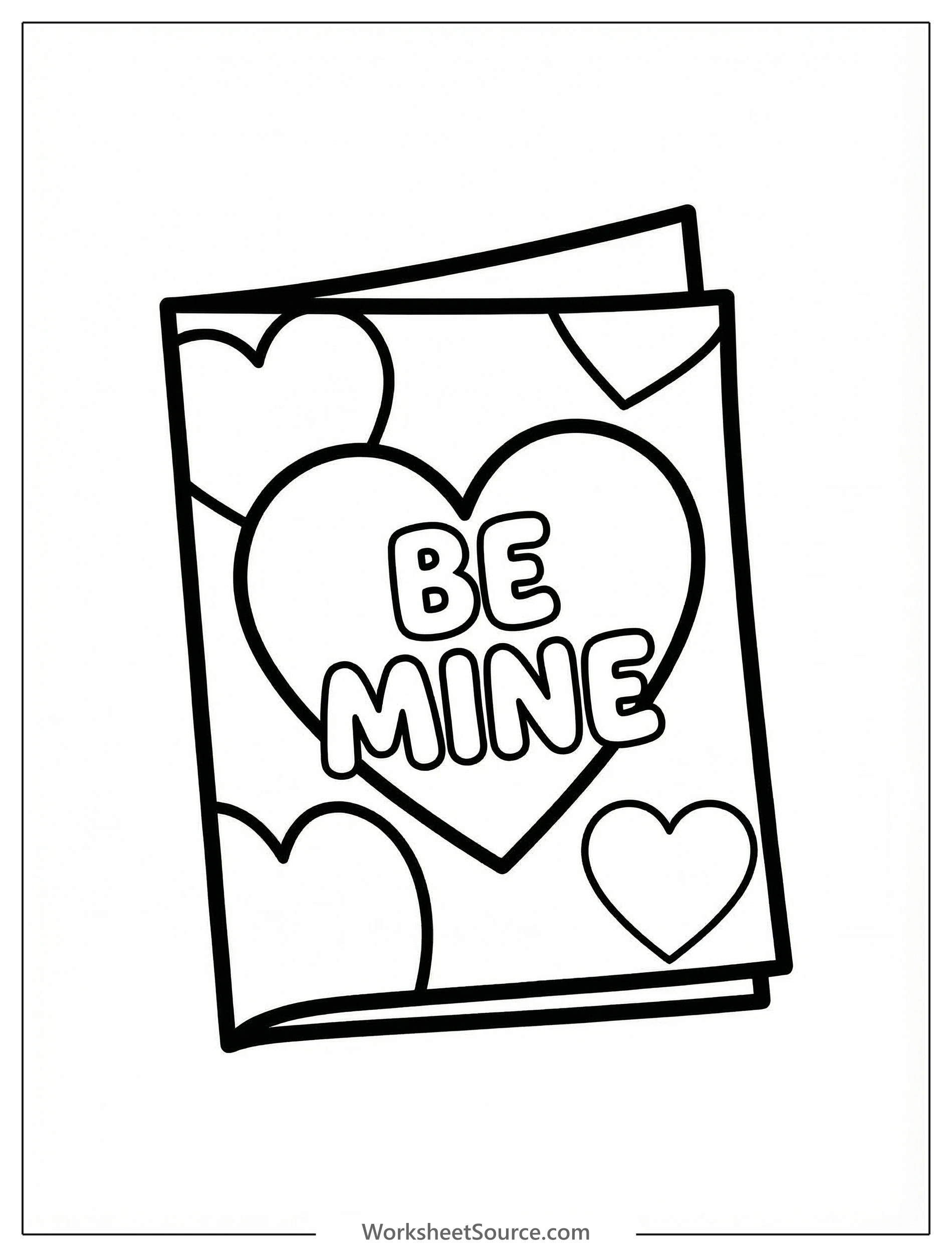 Outline drawing of a Valentine card featuring two large interlocking hearts, one with 'BE MINE' and the other 'MY VALENTINE', surrounded by smaller decorative hearts ready for coloring.