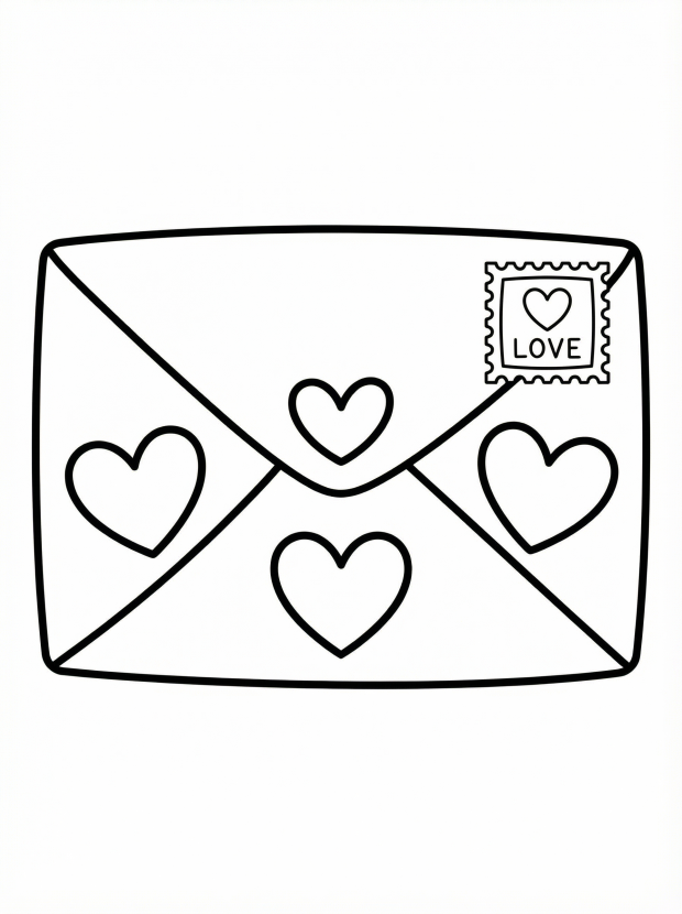 Free printable coloring page showing an envelope covered in hearts, perfect for kids to practice fine motor skills and creativity