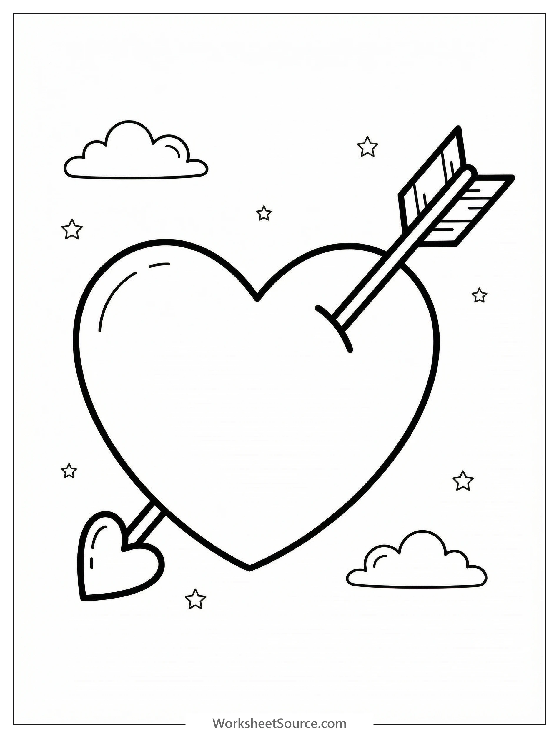 Outline of a large heart with a cupid's arrow piercing through its center, ready for coloring. Ideal for Valentine's Day activities and creative expression.
