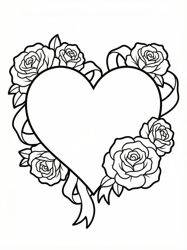 Free printable coloring page showing a large heart surrounded by roses and ribbons, perfect for kids to practice coloring and creativity