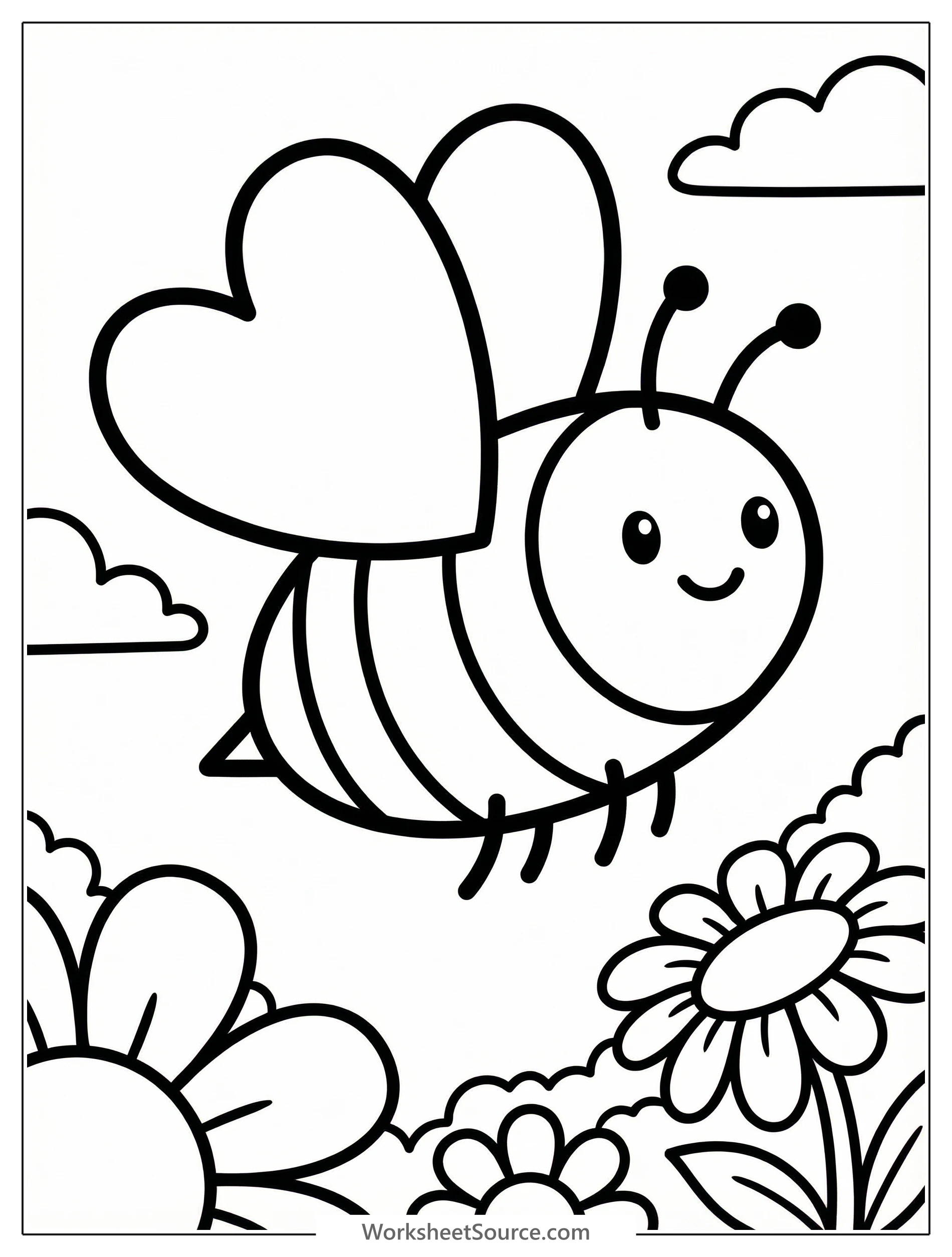 A happy cartoon bumblebee with large heart shaped wings flies towards the viewer. Its antennae are curled and a gentle smile is on its face, perfect for Valentine's Day.