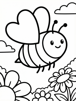 A happy cartoon bumblebee with large heart shaped wings flies towards the viewer. Its antennae are curled and a gentle smile is on its face, perfect for Valentine's Day.