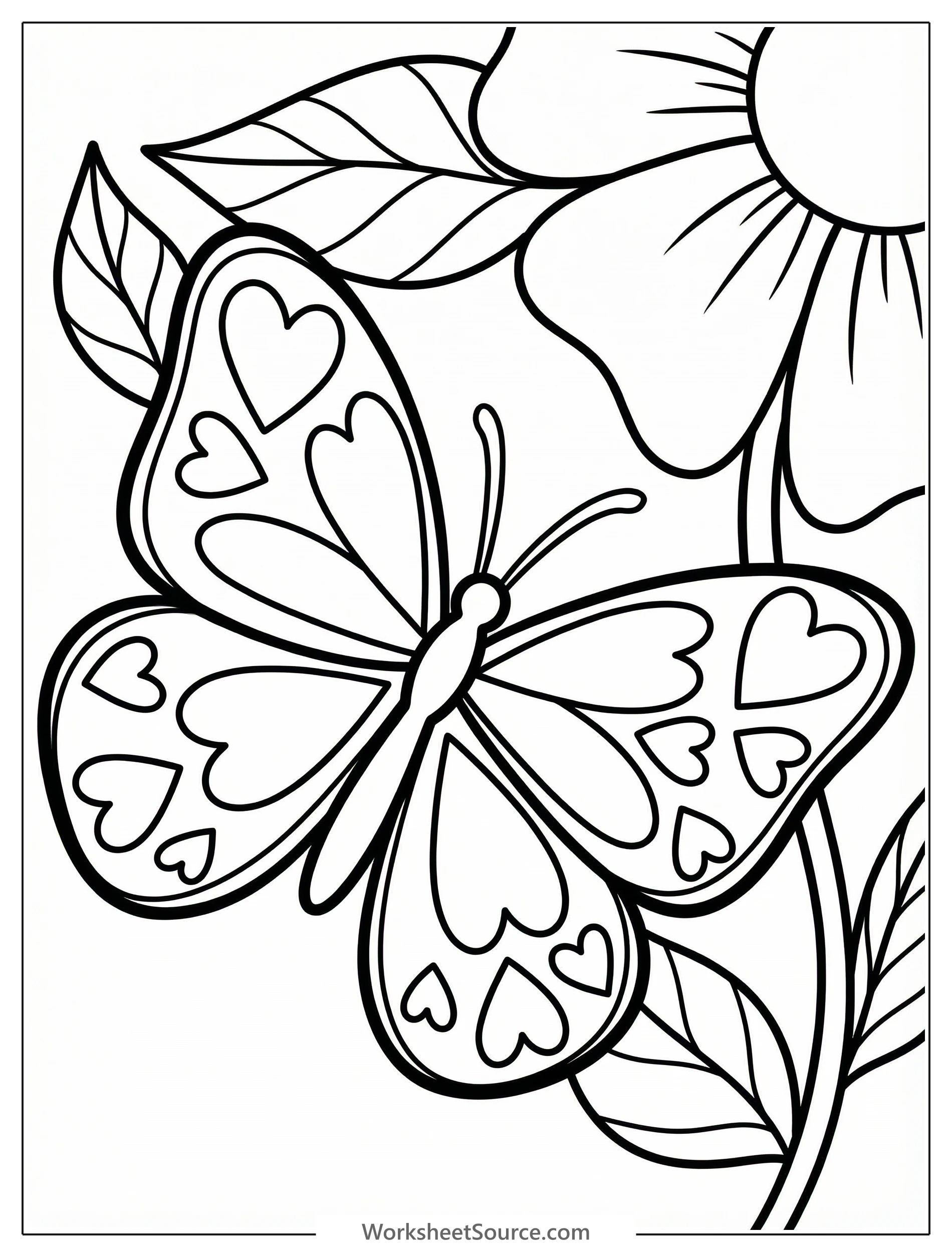 Outline drawing of a butterfly with large wings, each wing featuring multiple distinct heart shapes as patterns, ready for coloring. Perfect for Valentine's Day.