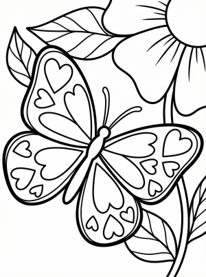 Outline drawing of a butterfly with large wings, each wing featuring multiple distinct heart shapes as patterns, ready for coloring. Perfect for Valentine's Day.