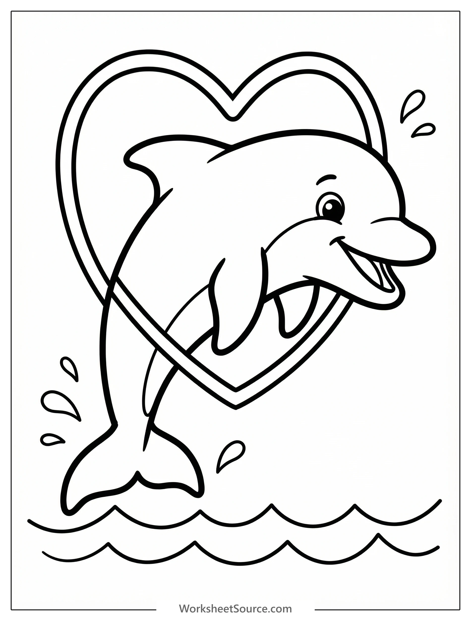 Graceful dolphin leaps through a large red heart shaped hoop above sparkling ocean water, a cheerful scene ready for coloring. Perfect for Valentine's Day celebrations.