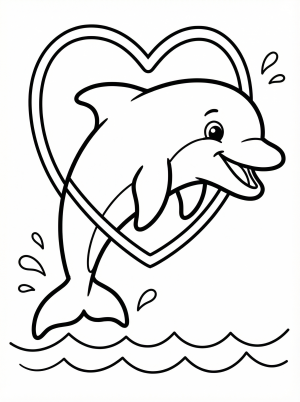 Graceful dolphin leaps through a large red heart shaped hoop above sparkling ocean water, a cheerful scene ready for coloring. Perfect for Valentine's Day celebrations.