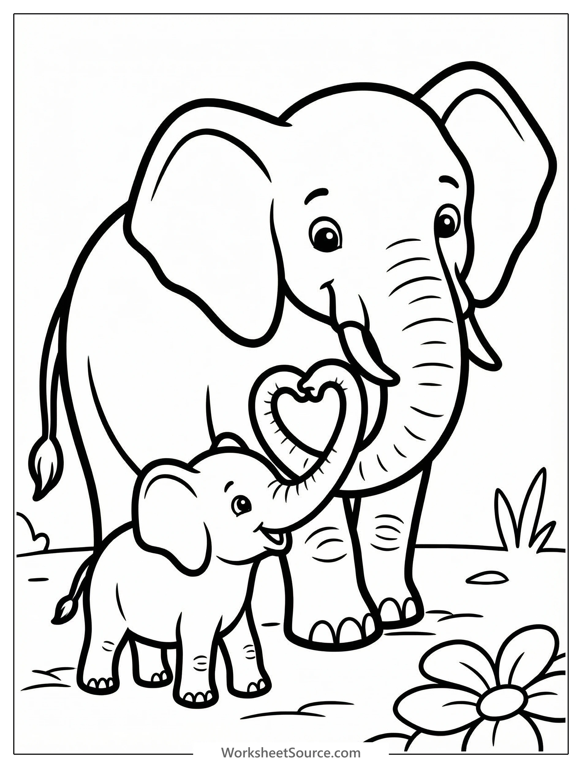Illustration of a mother elephant and her baby, standing side by side, with their long trunks intertwined to form a perfect heart shape. A touching scene.